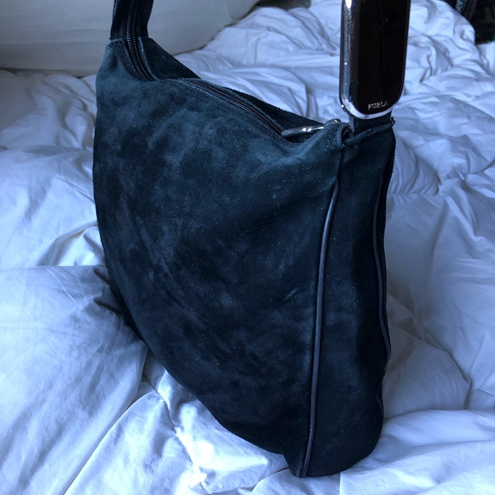 Furla Black Suede Bag with Polished Silver Hardware